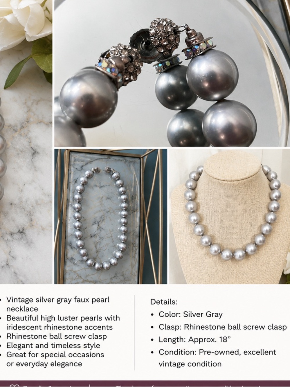 Classic Silver Pearl Necklace Crystal Rhinestone Clasp Vintage Large - Picture 3 of 13